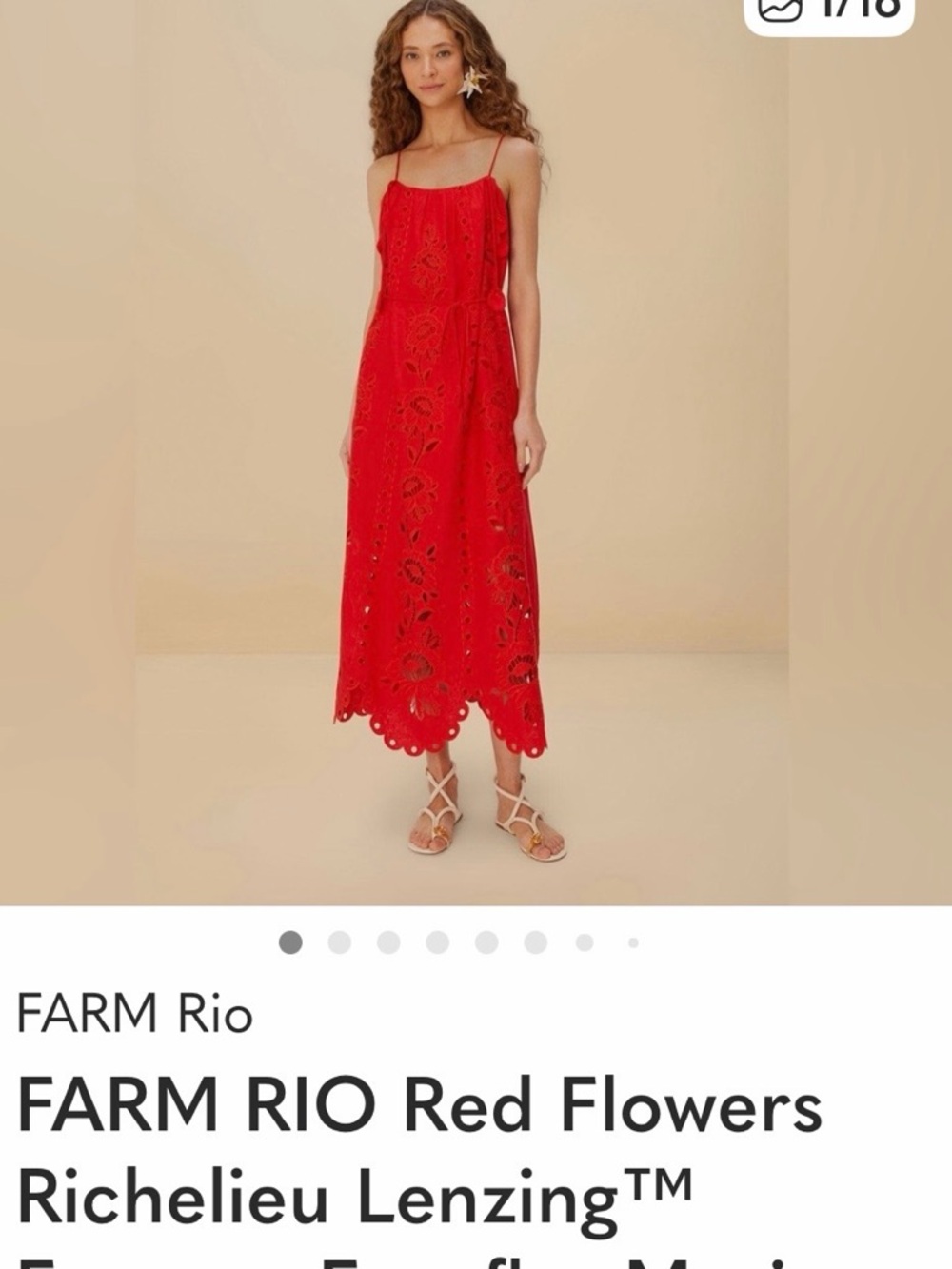 FARM Rio Red Richelieu Eyelet Midi Dress with Scalloped Hem